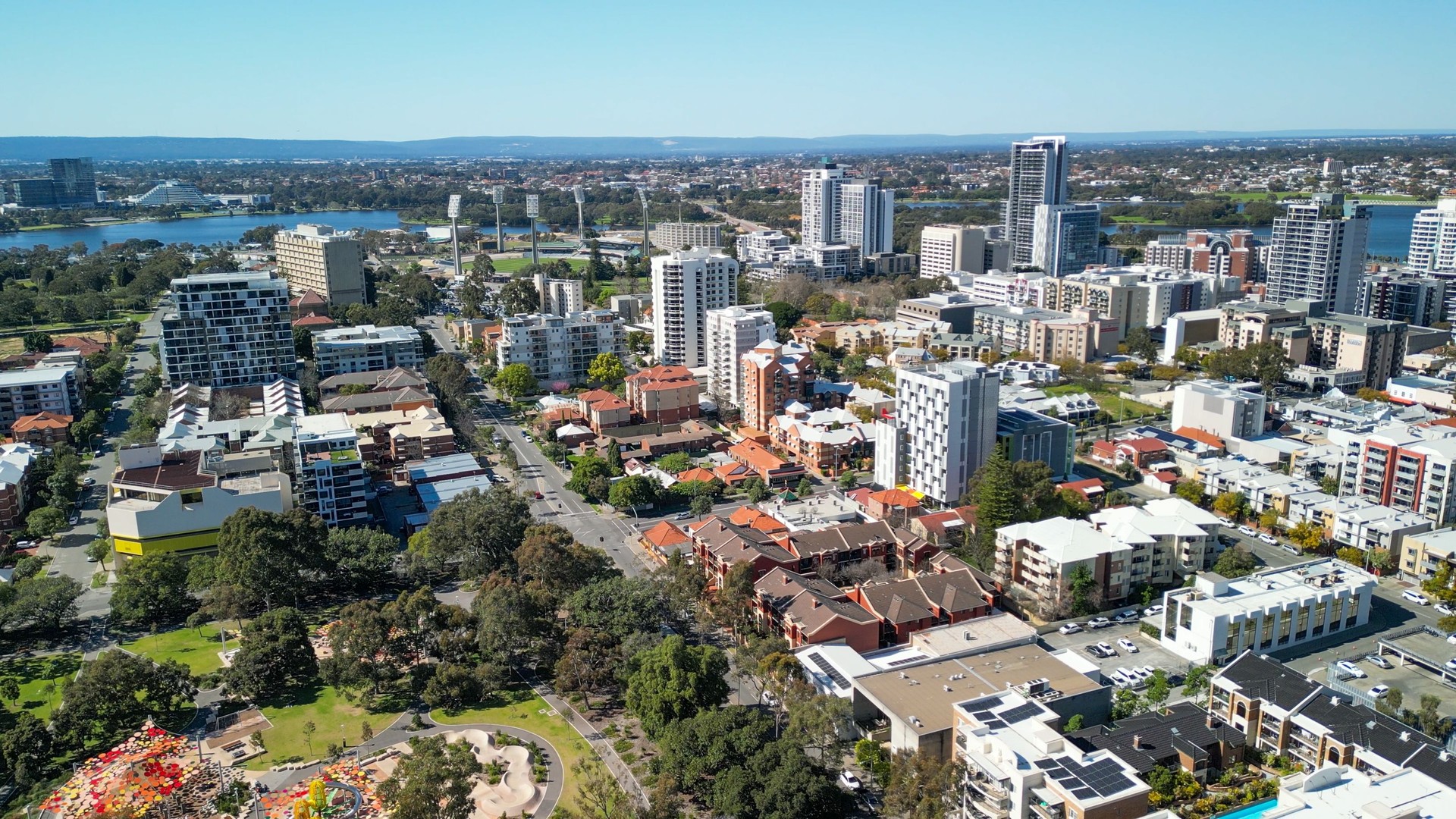 Perth skyline, Western Australia. Beautiful aerial view of city skyline